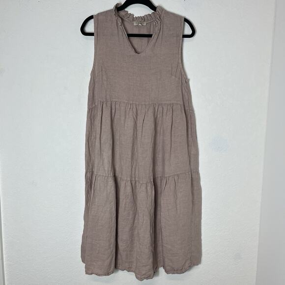 Le Ragazze Sleeveless A-Line Linen Dress, size M, tiered, ruffle collar v-neck - Picture 3 of 8
